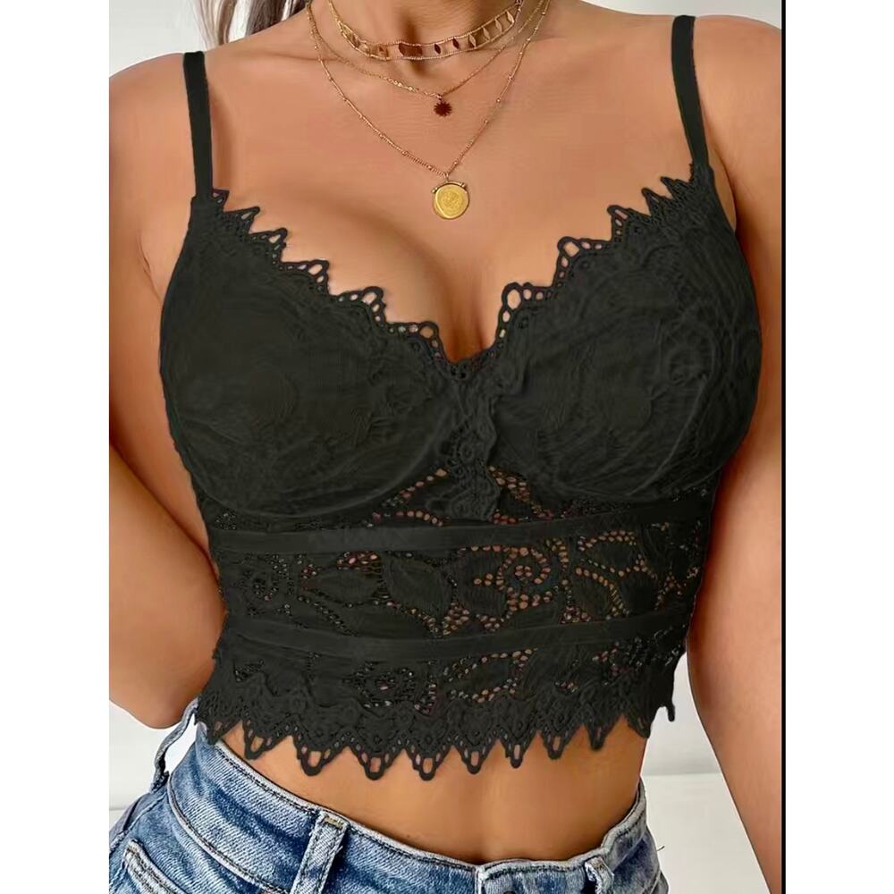 NEW Black Lace Floral Cami Bra with Adjustable Spaghetti Straps Medium
